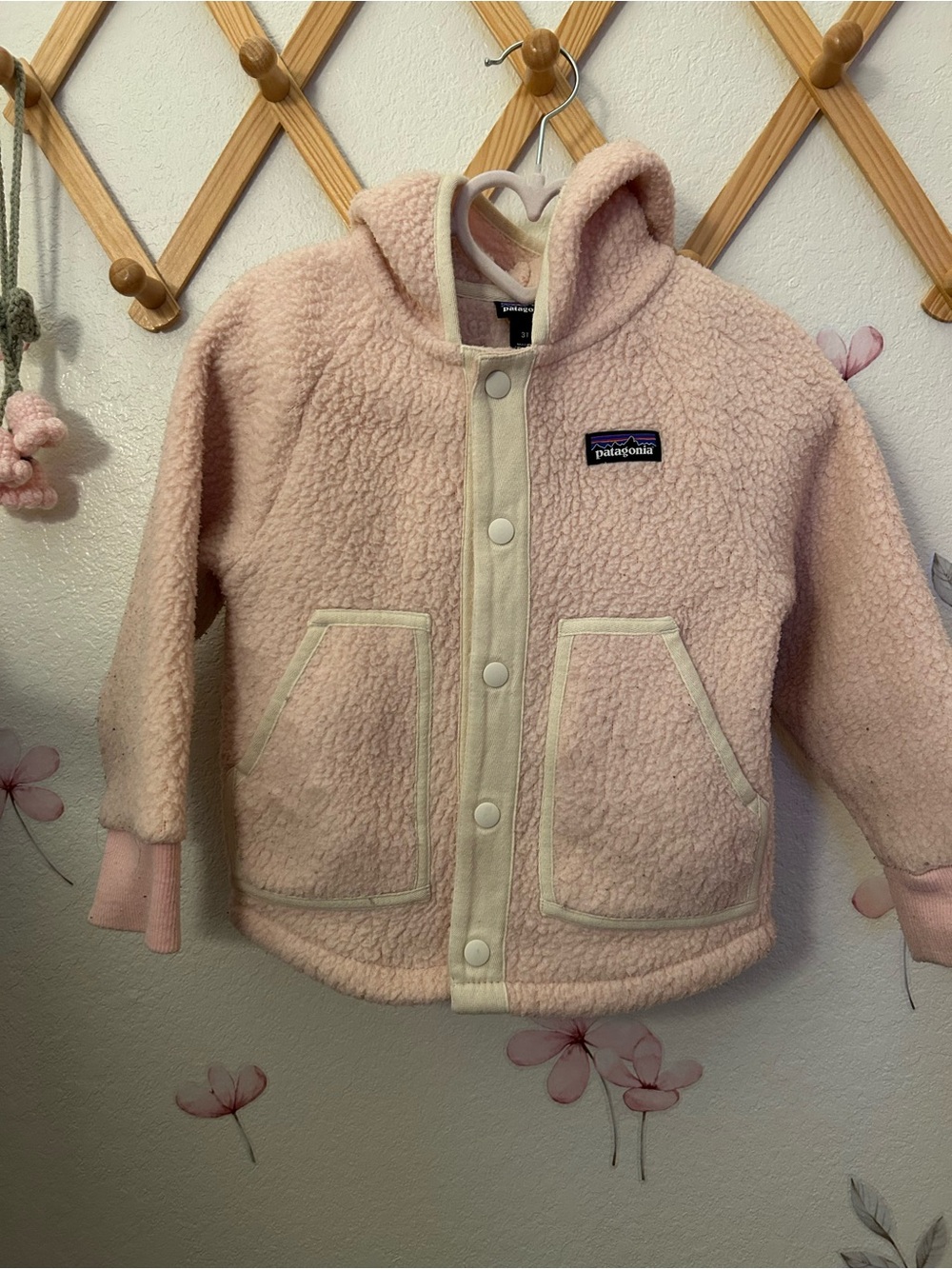 Patagonia Light Pink Sherpa Fleece Hoodie with Cream Trim